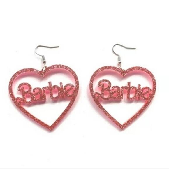 Barbie earrings, glittery pink sparkly kawaii pink hearts - Picture 1 of 4